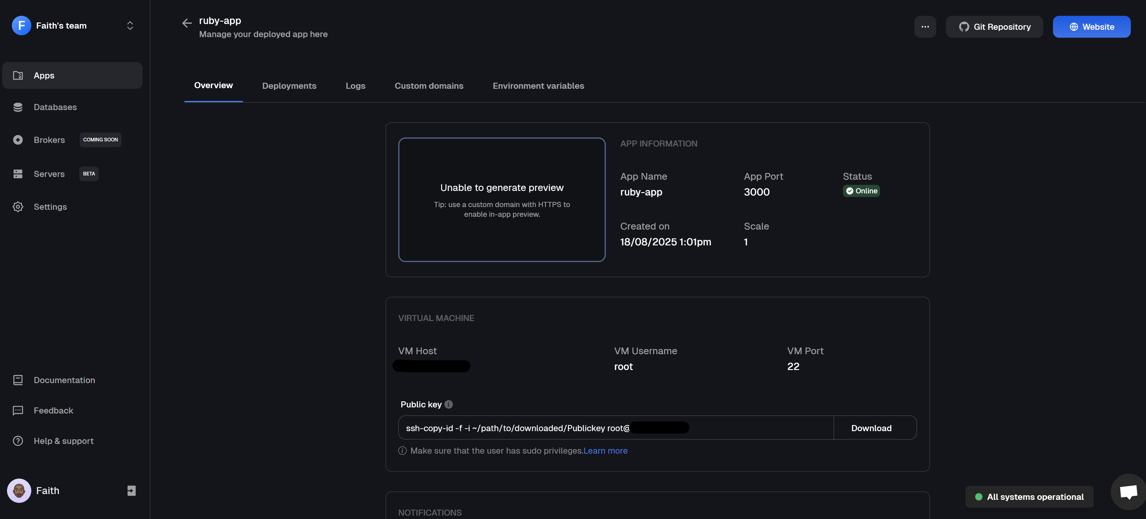 An image of the overview of a successfully deployed Ruby on Rails application on Clouddley.