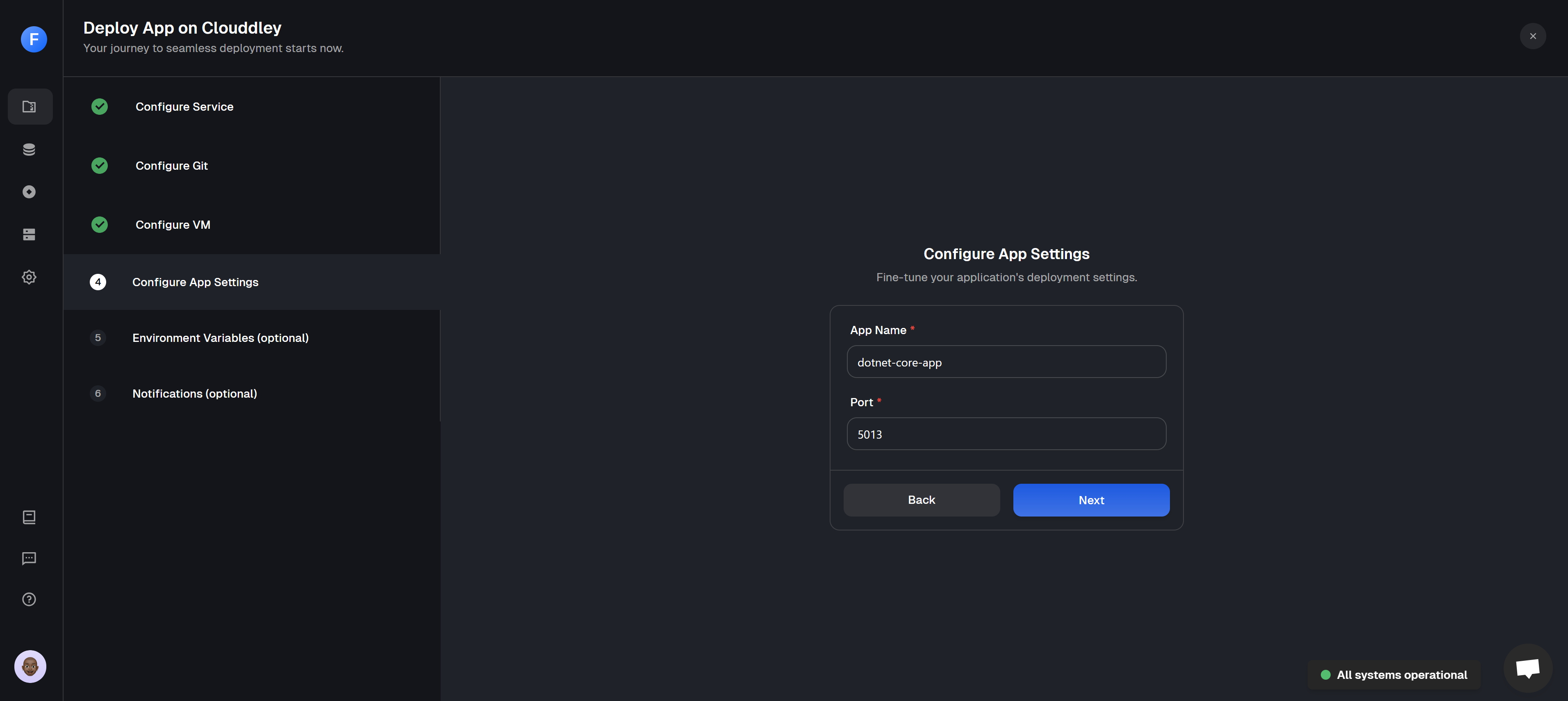 Configuring App settings (name and port) during app deployment on Clouddley.